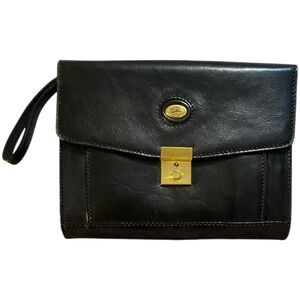 Vintage Derek Alexander black Leather w brass look locking clutch bag. Unisex